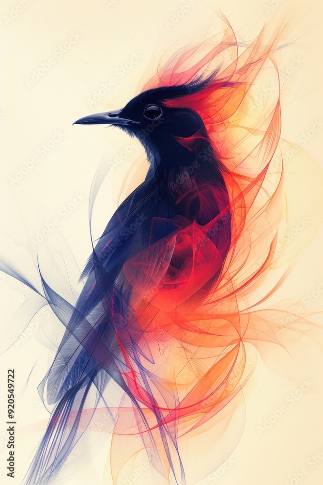 Obraz premium Abstract bird with flowing red and blue lines and a yellow background.