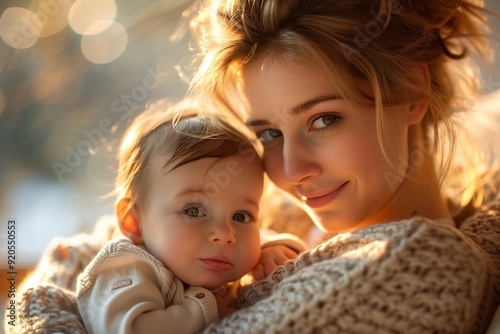 A mother lovingly embraces her baby, both bathed in soft, golden light.