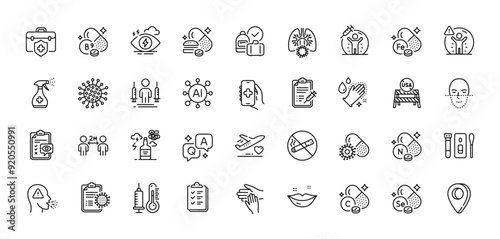 Face recognition, Coronavirus and Medical insurance line icons pack. AI, Question and Answer, Map pin icons. Coronavirus lungs, Vaccine protection, Health app web icon. Vector