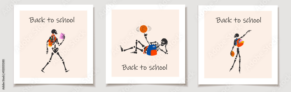Set of Back to school cards with Funny Skeleton ready for school with school stationery. Greeting cards. Set of Back to school cards with Funny Skeleton ready for school with school stationery. Greeting cards.