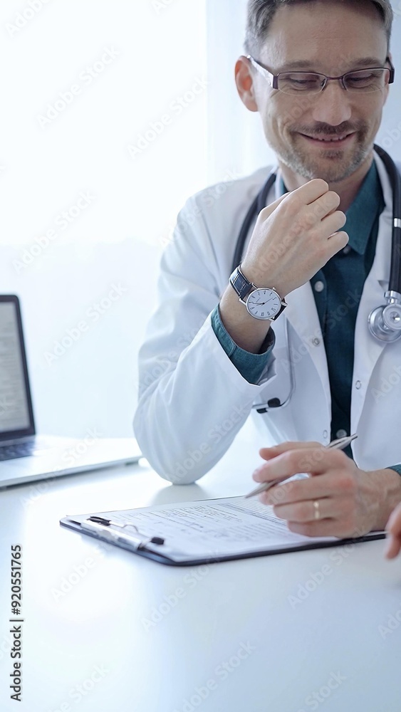 Obraz premium Doctor and a patient. The physician, wearing a white medical coat over a green shirt, gesturing with his hands during a consultation in the clinic. Medicine concept