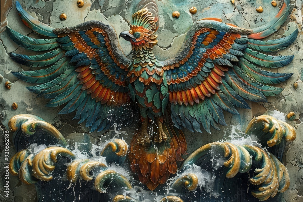 Obraz premium Mythical phoenix bird relief sculpture with spread wings rising above stylized waves on a textured stone wall.