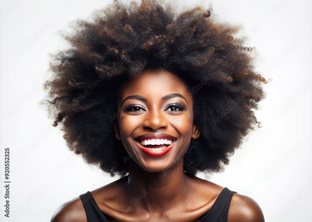 Vibrant portrait of a confident African American woman with a stunning afro hairstyle, beaming with joy, against a clean white isolated background. Vibrant portrait of a confident African American woman with a stunning afro hairstyle, beaming with joy, against a clean white isolated background.