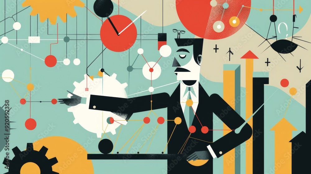 Obraz premium Illustration of a business concept with a puppet master managing a graphic chart.