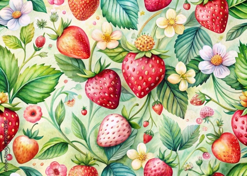 Vibrant watercolor illustration of strawberries surrounded by lush blooming flowers in pastel hues, creating a whimsical and charming decorative pattern for spring and summer designs.