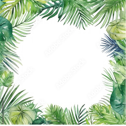 Frame leaves background with empty space. Variety of green tropical leaves, frame effect. The center of the image is blank, a clean whitespace. Tropical aesthetic. Foliage wallpaper.