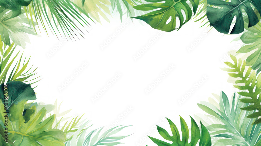 Naklejka premium Frame leaves background with empty space. Variety of green tropical leaves, frame effect. The center of the image is blank, a clean whitespace. Tropical aesthetic. Foliage wallpaper.