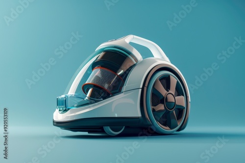 Modern bagless canister vacuum cleaner with a sleek white and blue design displayed against a solid teal studio background.