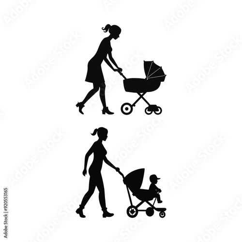 "Charming Babysitter and Stroller Vector Graphics: Ideal for Childcare and Parenting-Themed Designs"
