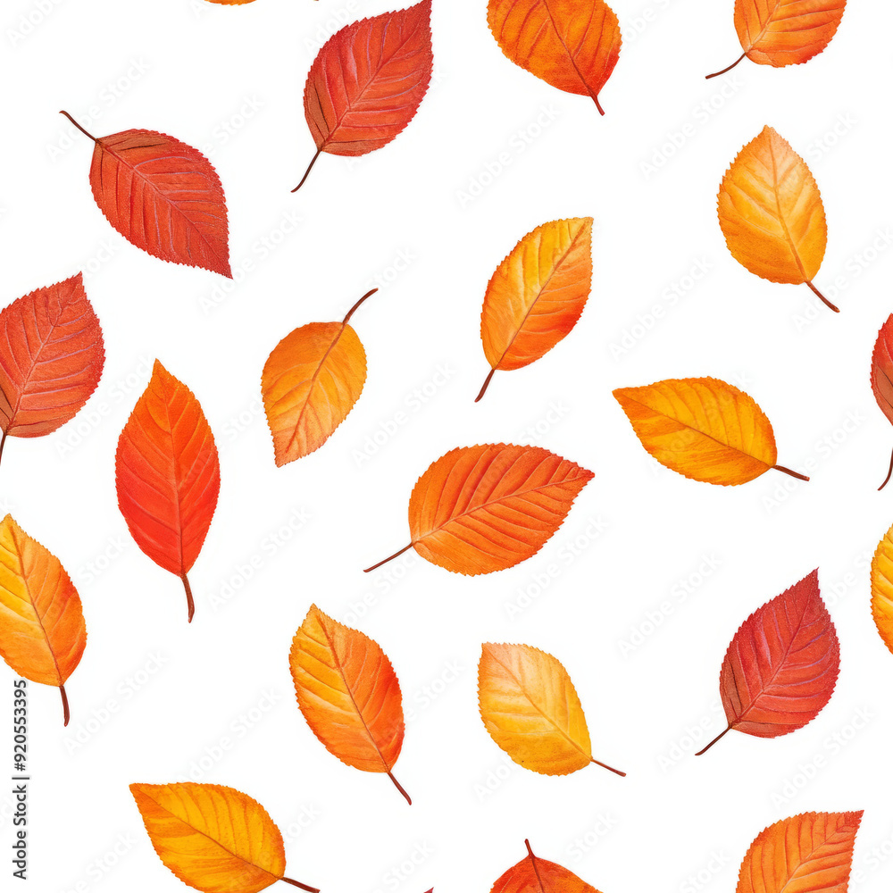 Obraz premium Seamless pattern colorful autumn leaves isolated on white background leaf texture with stems and red orange yellow fall colors art illustration wallpaper backdrop repeating pattern.