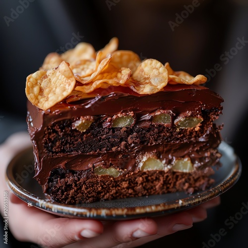 Close-up of a hand holding a slice of chocolate cake with potato chips on top, unconventional dessert combination, unique snack treat photo