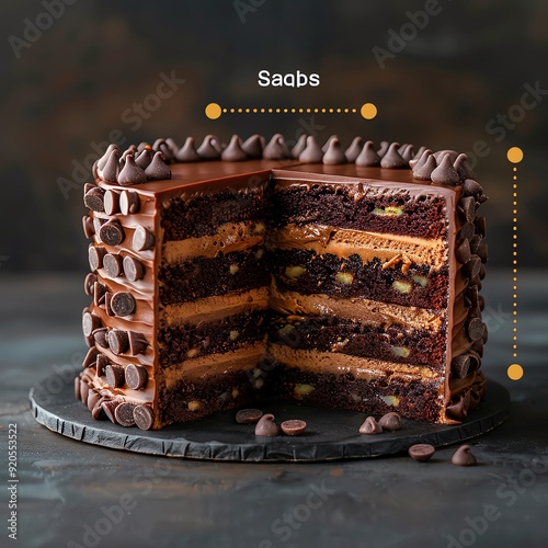 Cross-section of a chocolate cake with layers of chips and chocolate ganache, gourmet dessert, rich textures photo