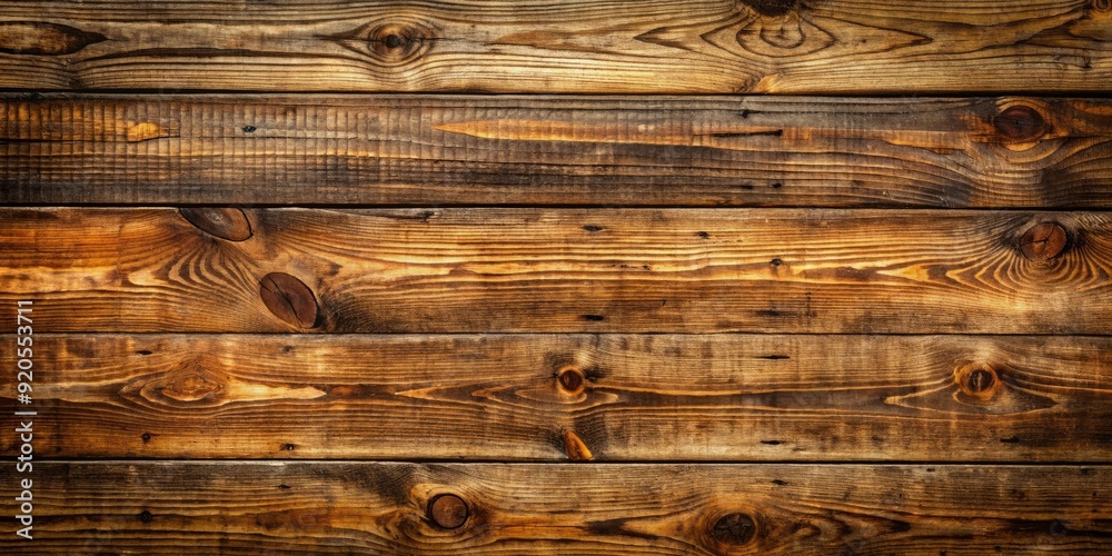 Naklejka premium Rustic weathered wooden plank background with deep grooves and scratches, featuring a warm, earthy tone and natural texture, perfect for vintage or countryside themed designs.