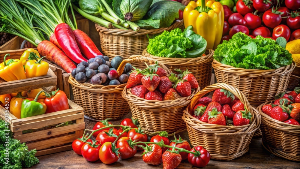 Vibrant arrangement of fresh fruits and vegetables, including juicy strawberries, crisp leafy greens, and vibrant bell peppers, overflowing from wicker baskets and crates. Vibrant arrangement of fresh fruits and vegetables, including juicy strawberries, crisp leafy greens, and vibrant bell peppers, overflowing from wicker baskets and crates.