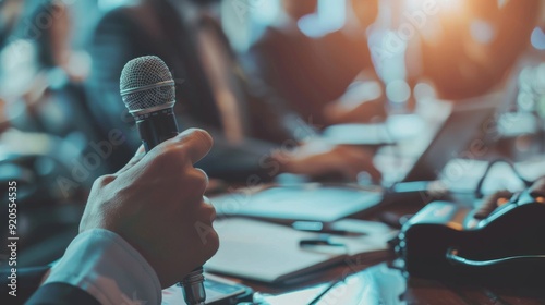 Journalist at a press conference or media event, taking notes and holding a microphone. Concept of broadcast journalism.