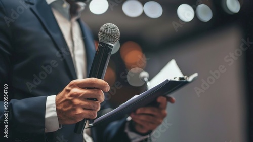 Journalist at a press conference or media event, taking notes and holding a microphone. Concept of broadcast journalism. photo