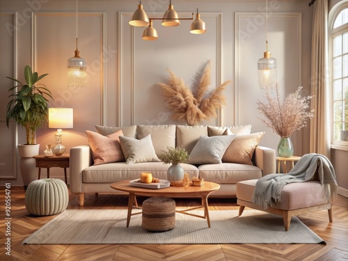 Warmly lit interior scene featuring a cozy living room with elegant furniture, soft pastel colors, and natural textures, evoking feelings of comfort and serenity. photo