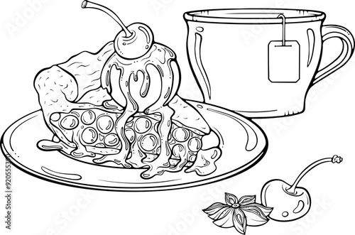 Piece of cherry pie on a plate with a cup of tea. Fruit dessert with a scoop of ice cream and berries. Vector illustration in hand drawn sketch style. Line art isolated on white for coloring book