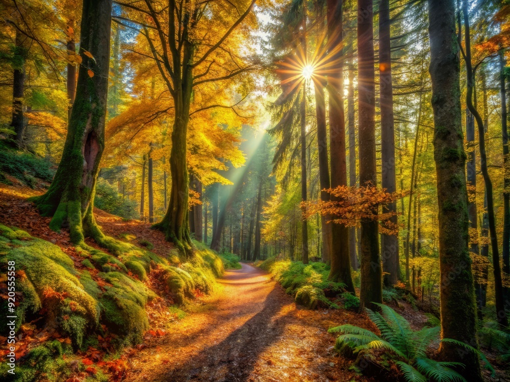 Obraz premium Sun-dappled forest trail winds through towering trees, carpeted with autumn leaves, moss, and ferns, beneath a canopy of vibrant green foliage in warm, soft light.