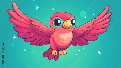 Cute cartoon pink bird with big eyes and yellow beak flying with open wings against turquoise background with white stars.