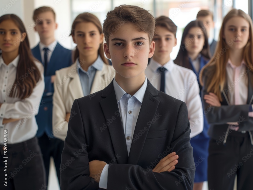 Confident young boys dressed in business attire, standing in an office with serious expressions, emphasizing their ambition and leadership qualities. Confident young boys dressed in business attire, standing in an office with serious expressions, emphasizing their ambition and leadership qualities.