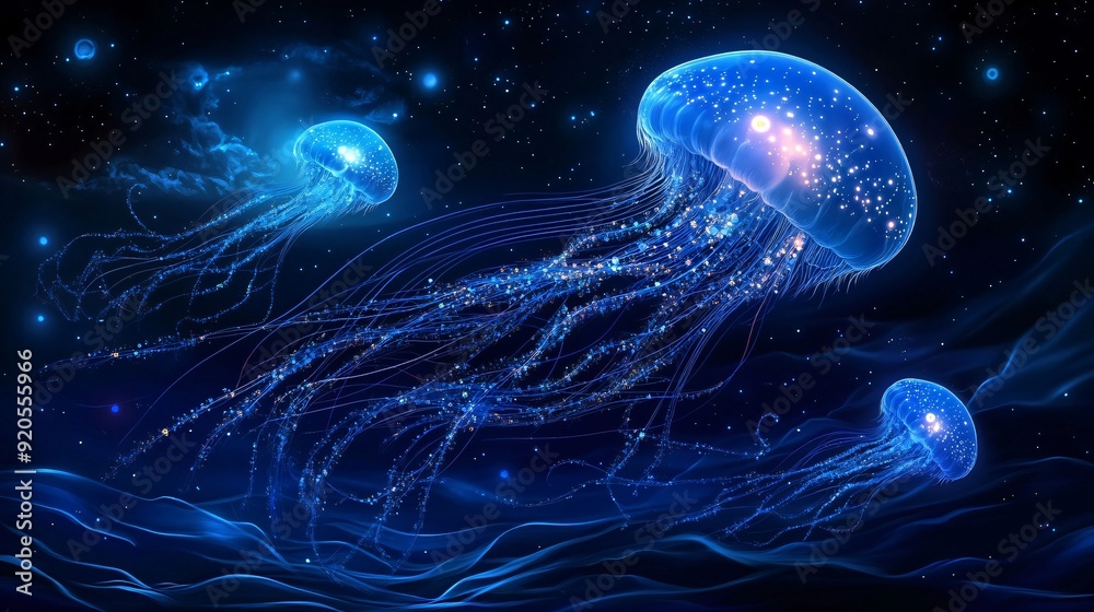 Naklejka premium luminous moon jellyfish floating in the deep ocean