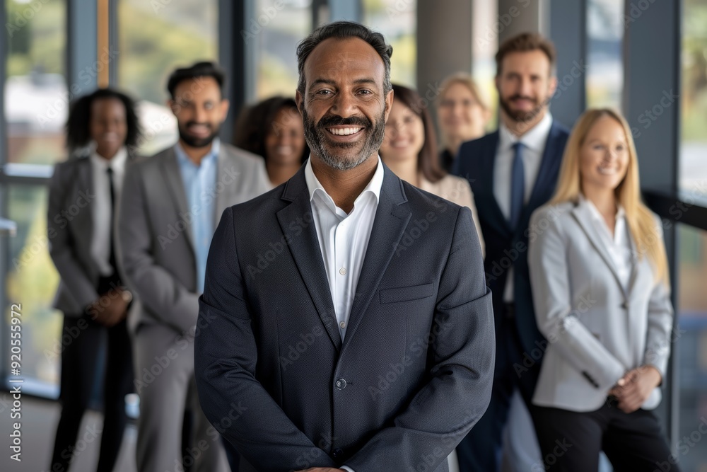 businessman in prime stands proudly with team, embodying essence of corporate success and unity, highlights dynamic group ready to tackle new business ventures and achieve goals. businessman in prime stands proudly with team, embodying essence of corporate success and unity, highlights dynamic group ready to tackle new business ventures and achieve goals.