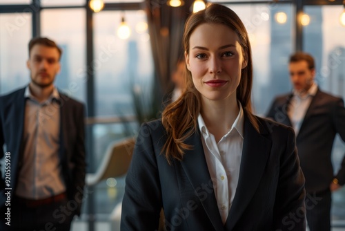 A young businesswoman and her team of emerging leaders, confidently posing in a futuristic office environment, symbolizing the evolution of leadership in the family business.