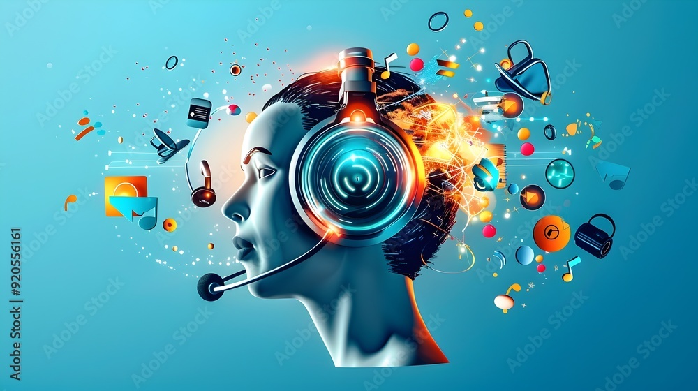 Head with headphones and digital objects Head with headphones and digital objects