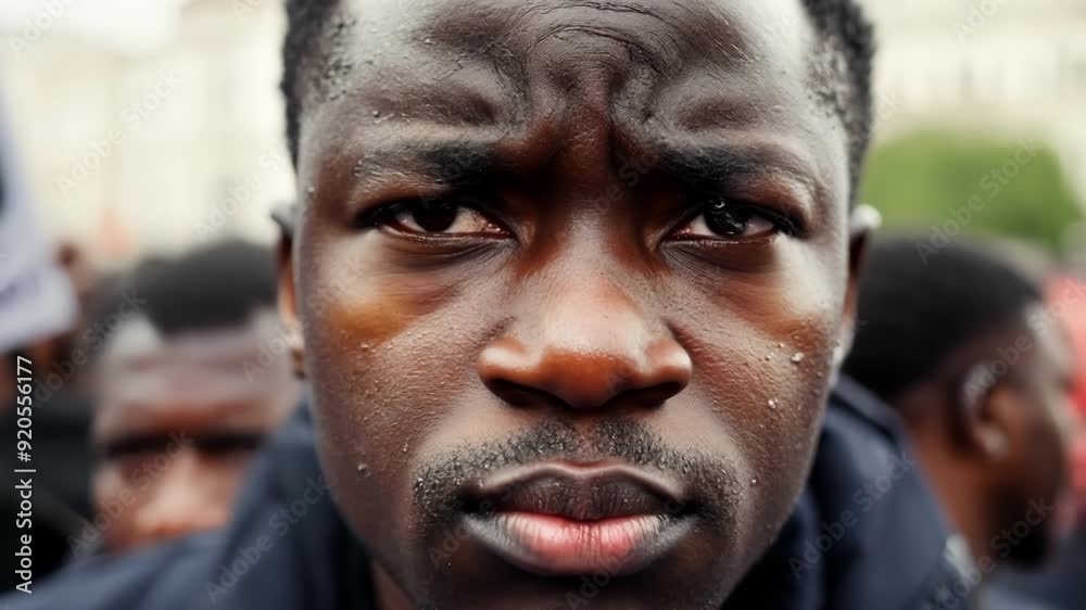 Sweat drips down the strained face of a demonstrator as they push through a crowded street. Sweat drips down the strained face of a demonstrator as they push through a crowded street.
