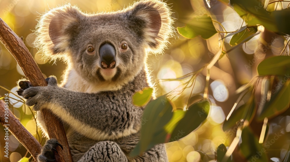 Fototapeta premium a koala in a tree, with its soft fur illuminated by the setting sun. Ideal for eco-tourism promotions and educational exhibits about Australian wildlife.