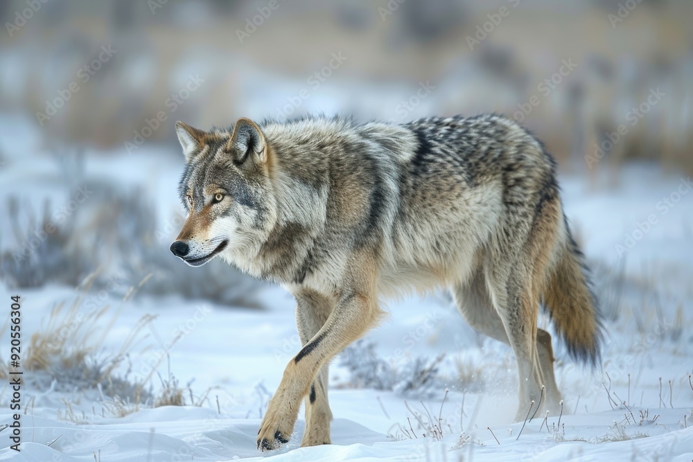 Naklejka premium Gray wolf surveys the icy tundra, its fur thick and protective against the harsh cold. The stark landscape highlights the wolf’s strength and adaptability in the wild.