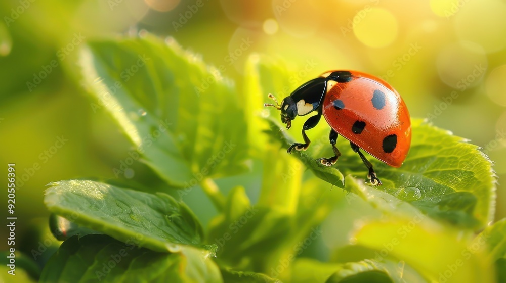 Ladybug on a leaf, with the background showing a blurred natural setting Ladybug on a leaf, with the background showing a blurred natural setting