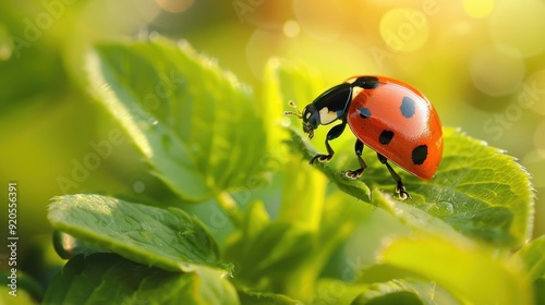 Ladybug on a leaf, with the background showing a blurred natural setting