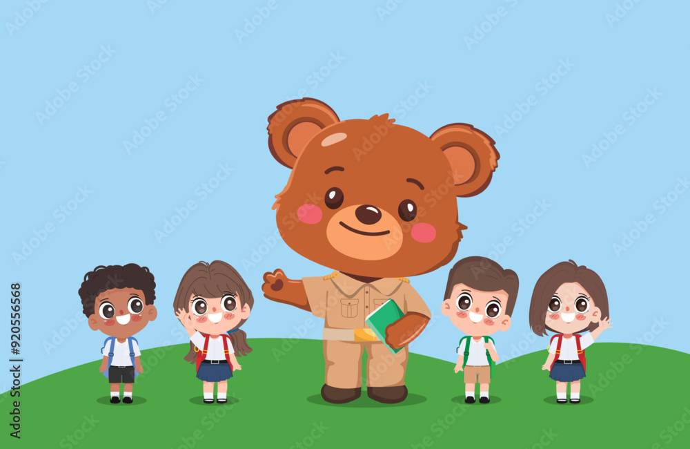 Cute little bear teacher mascot with children in student uniform. illustration vector premium. Cute little bear teacher mascot with children in student uniform. illustration vector premium.