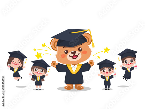 Cute little bear mascot in graduation cap with children in graduation suit. illustration vector premium.