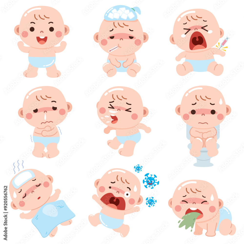 Sick Baby with Different Illness Symptoms in Cartoon Style Sick Baby with Different Illness Symptoms in Cartoon Style