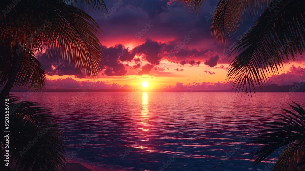 Obraz premium tropical sunset with palm trees and vibrant sky