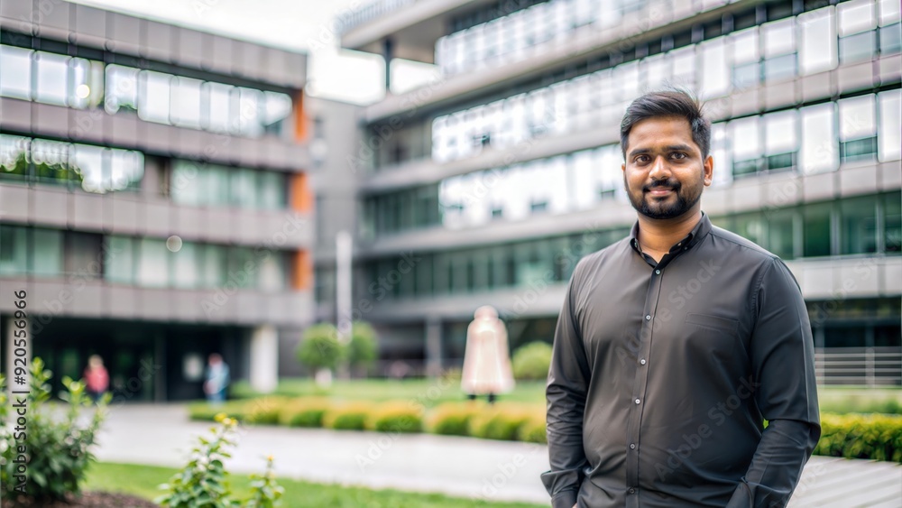 An Indian man standing in a university courtyard with greenery and modern campus architecture in the background.
An Indian man standing in a university courtyard with greenery and modern campus architecture in the background.