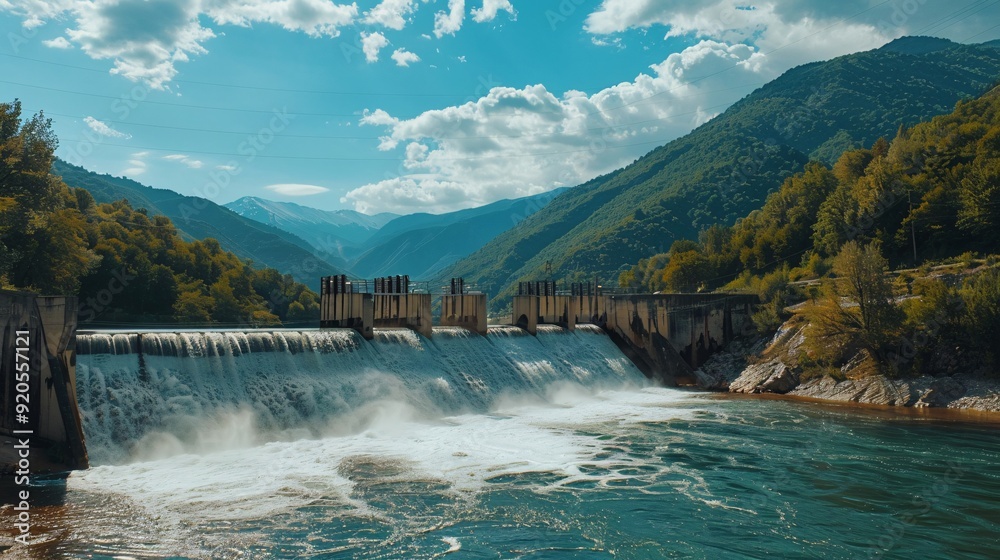 Hydroelectric dam with mountains and river Hydroelectric dam with mountains and river