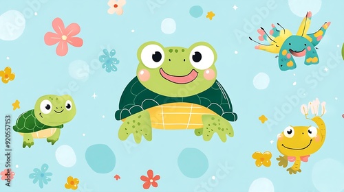 Cute cartoon turtles and a frog on a light blue background with flowers and dots.