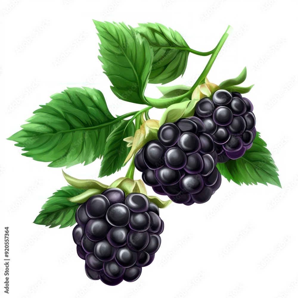 Fototapeta premium Two blackberries with green leaves on a white background.