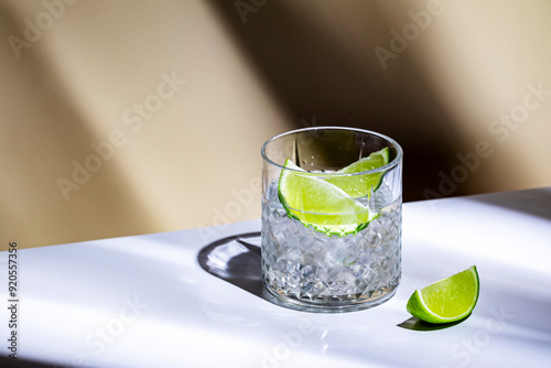 Strong alcoholic cocktail drink with craft rum, sugar syrup and lime. Beige background