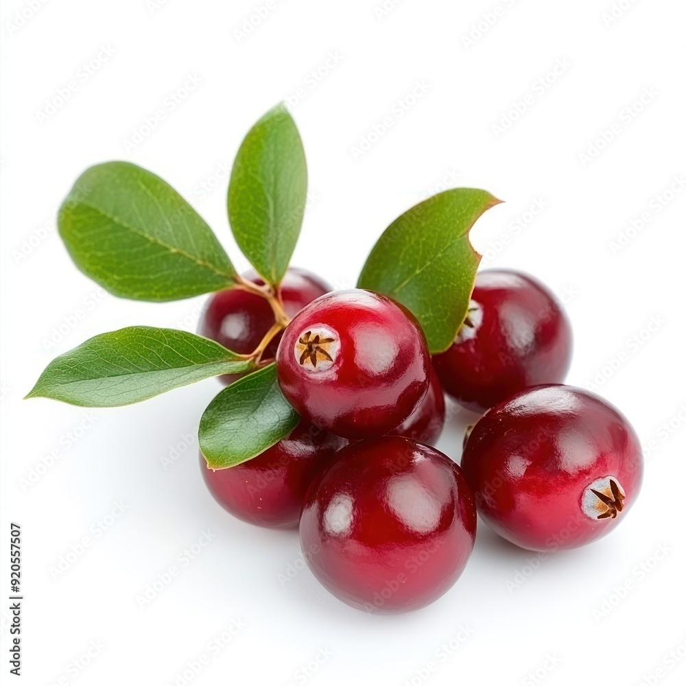 Obraz premium Closeup of red cranberries with green leaves isolated on white background.