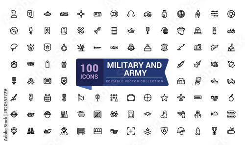 Military and Army icons related to war, battle and conflict. Pixel perfect, minimalistic web and UI icon. Outline icon collections. Editable vector illustration.