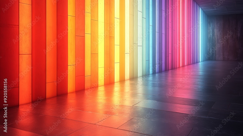 A long hallway with a rainbow of colors on the wall A long hallway with a rainbow of colors on the wall