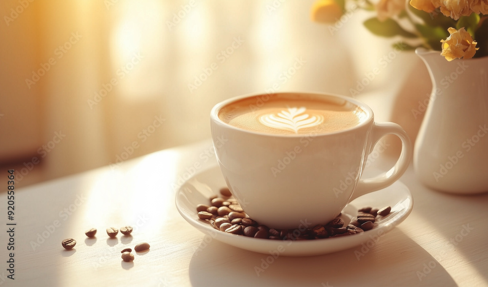 A hot glossy cup of coffee on the saucer with coffee seeds lying around on the table. The plant in vase on the background.