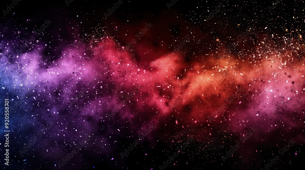 Fototapeta premium An abstract representation of a dust splash in a rainbow spectrum, with the colors blending seamlessly from red to violet. The dust particles appear frozen in mid-air