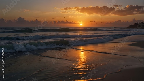 "Experience the vibrant colors of a beautiful sunset wave as it crashes against the shore, leaving behind a trail of translucent water and sparkling foam.