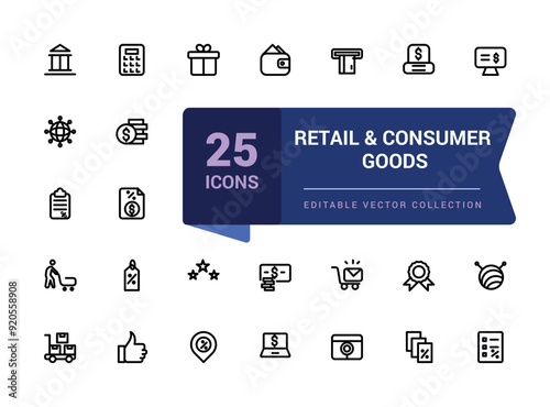 Retail and consumer goods icon set. Related to merchandise, retailers, industrial, goods. Pixel perfect, minimalistic web and UI icon, outline icon collections.